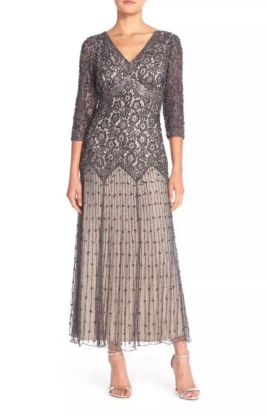 Pissaro Nights Beaded Mesh 3/4 Sleeve Slate Gray Wedding Guest Gown-Size 4